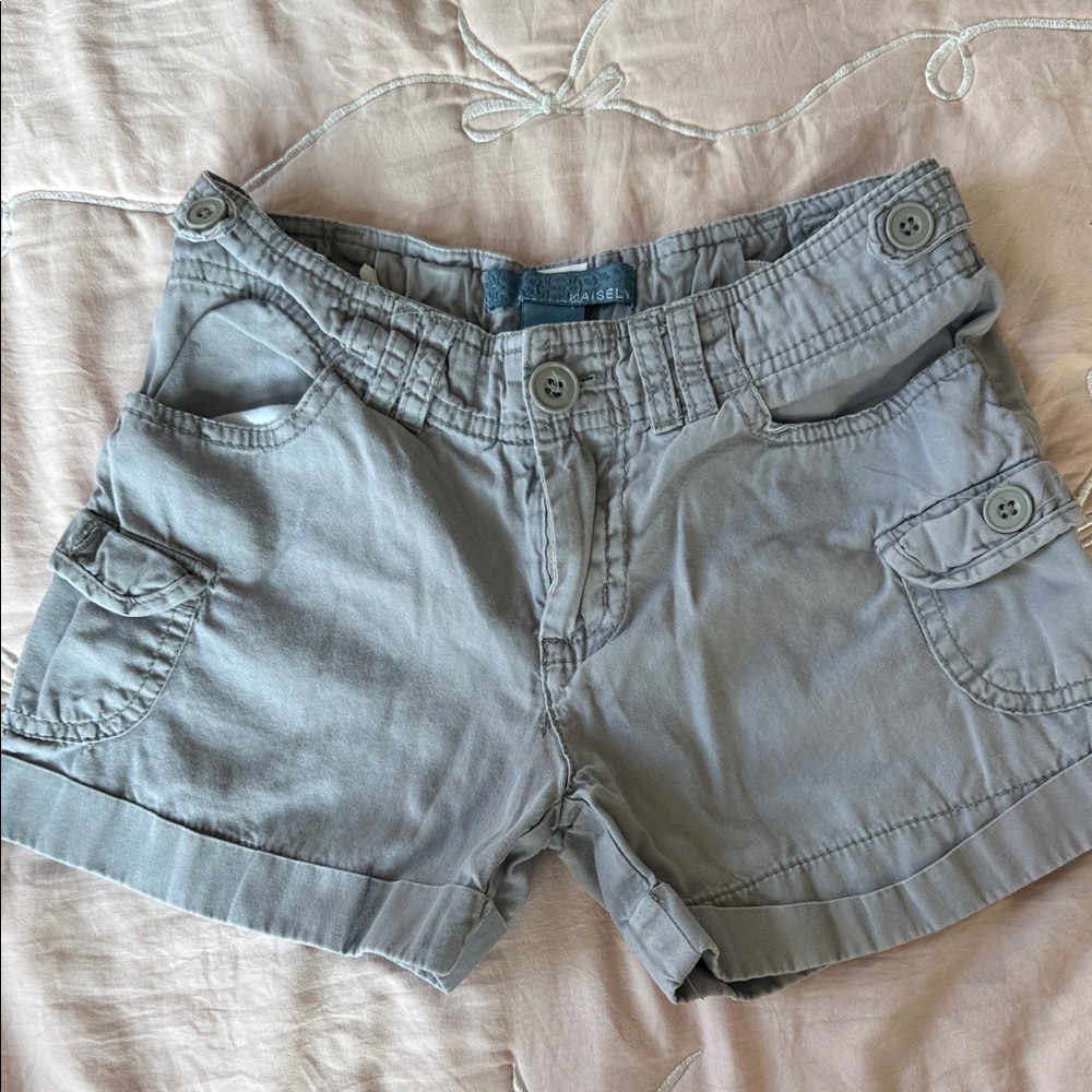 Girls Light Gray Cargo Shorts with Button Details